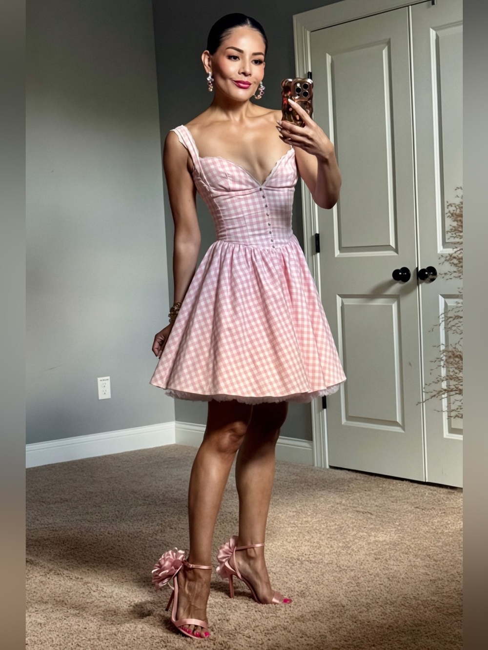 Pink Gingham Fit-and-Flare Mini Dress - Picture 3 of 7